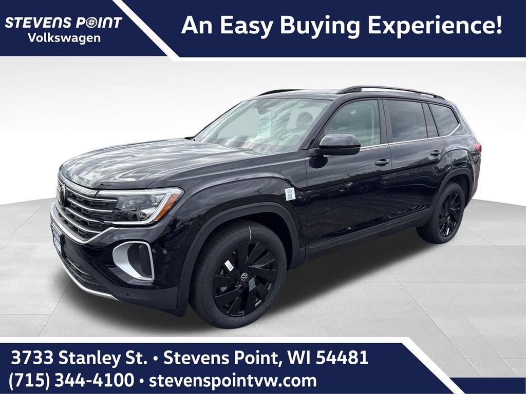 2026 Volkswagen Atlas 2.0T SE w/Technology in Deep Black Pearl — front three-quarter view
